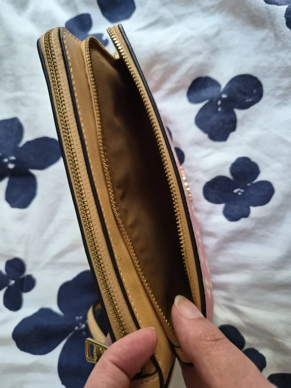 Coach Pink Floral Wristlet with Tan Trim and Gold Hardware